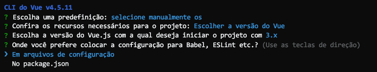 Captura de tela da seleção padrão para arquivos de configuração.