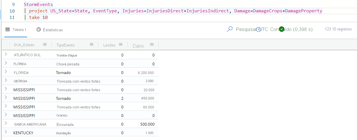 Screenshot of query results for a project operator that renames columns.