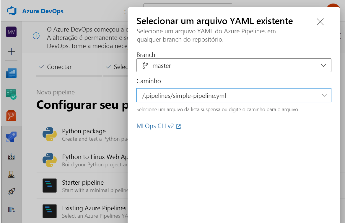 Captura de tela da configuração de pipeline no Azure DevOps.