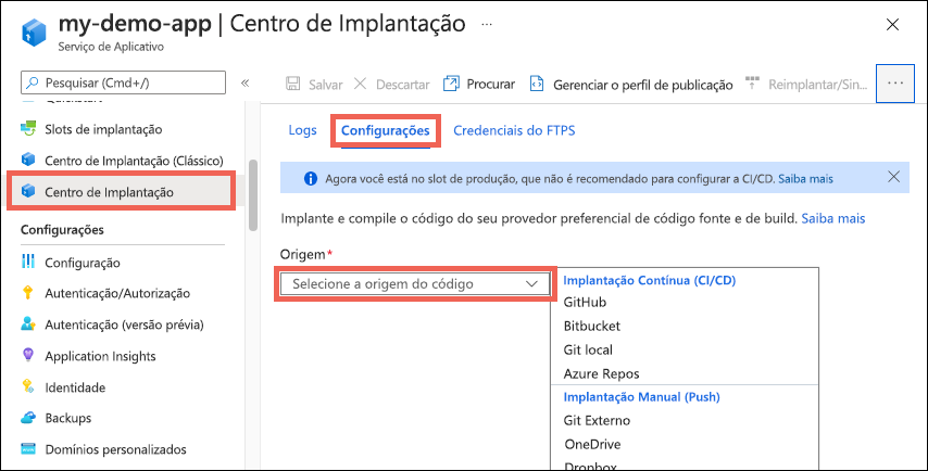 Captura de tela das opções de configuração do Centro de Implantação.