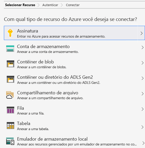 Captura de tela da página Gerenciar Contas do Azure Explorer.