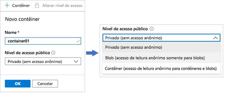 Captura de tela que mostra a página de criação do contêiner e as opções de nível de acesso público no portal do Azure.