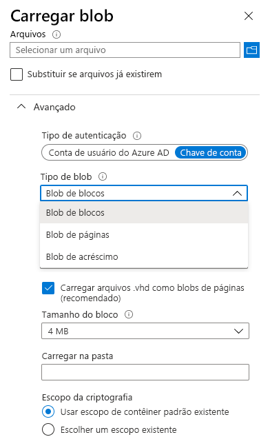 Captura de tela da página Carregar Blob, que mostra o tipo de autenticação, os tipos de blob e o tamanho do bloco.