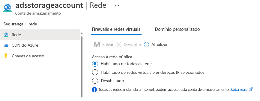 Captura de tela das configurações de firewalls da conta de armazenamento e redes virtuais no portal do Azure.