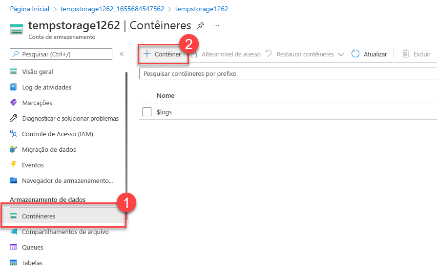 Captura de tela da seção Adicionar contêiner de uma conta de armazenamento.