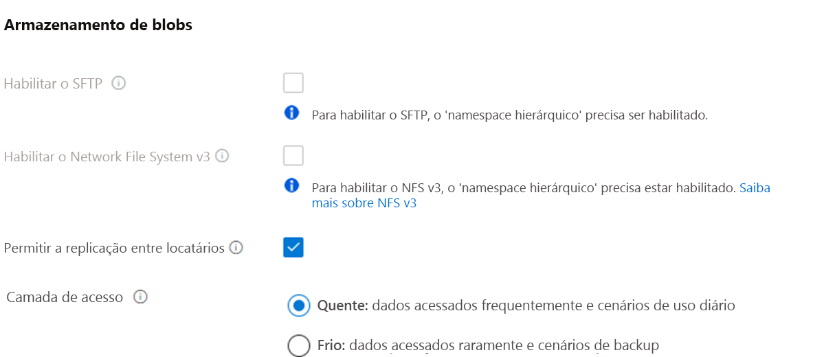 Screenshot of storage blob settings showing hot and cool access tiers.