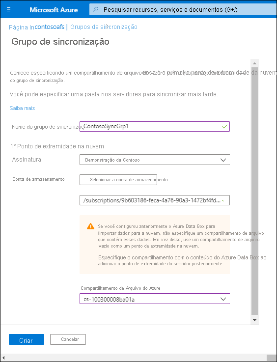 Uma captura de tela da página Sincronizar grupo no portal do Azure. O nome do grupo Sync é ContosoSyncGrp1 e os valores da conta de Armazenamento e do Compartilhamento de Arquivos do Azure são configurados.