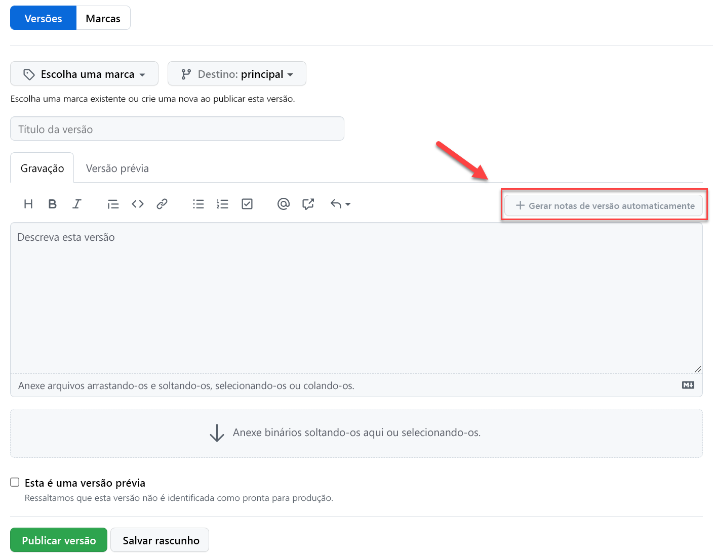 Captura de tela de como criar notas sobre a versão no GitHub.