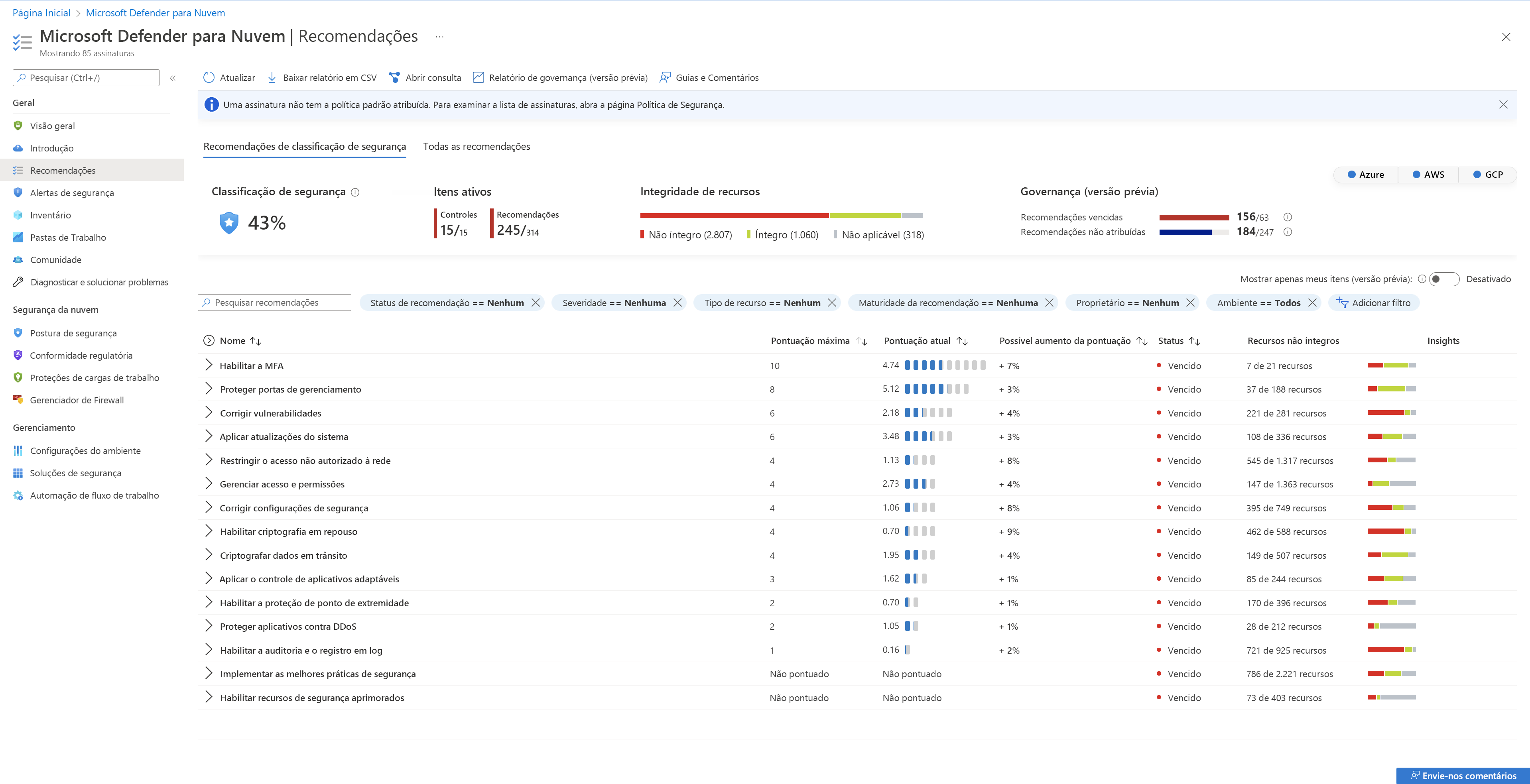 Captura de tela mostrando a pontuação geral de segurança na página de recomendações.