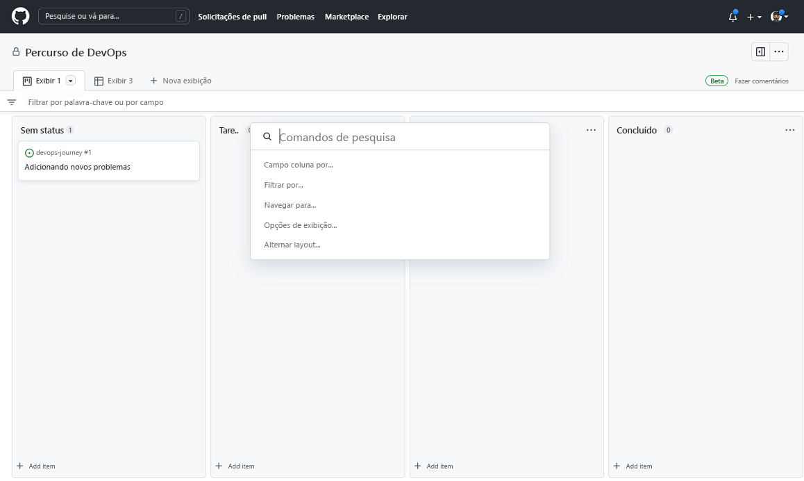 Captura de tela do quadro de projetos GitHub (beta).