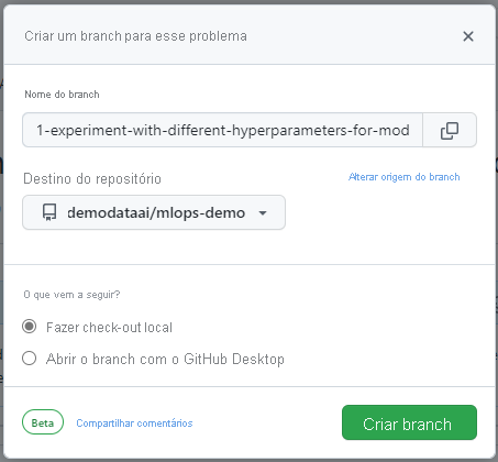 Captura de tela do branch do GitHub criado por meio do problema.