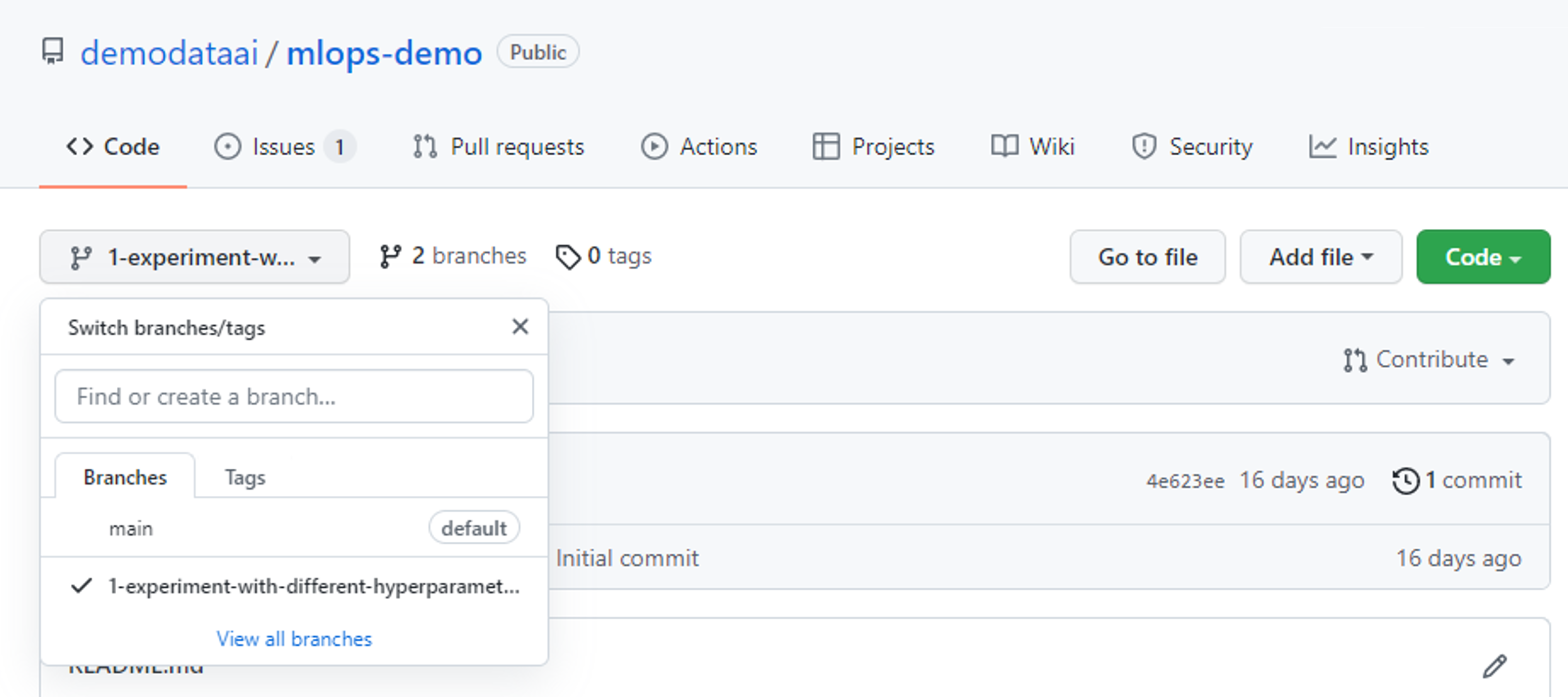 Captura de tela da opção Criar novo branch no repositório do GitHub.