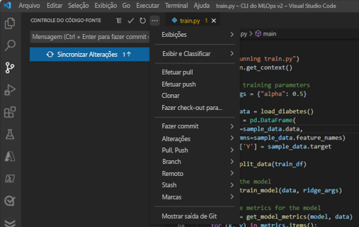 Captura de tela do push no painel do controle do código-fonte no Visual Studio Code.