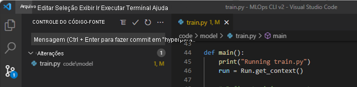 Captura de tela da visão geral do controle do código-fonte das alterações no Visual Studio Code.