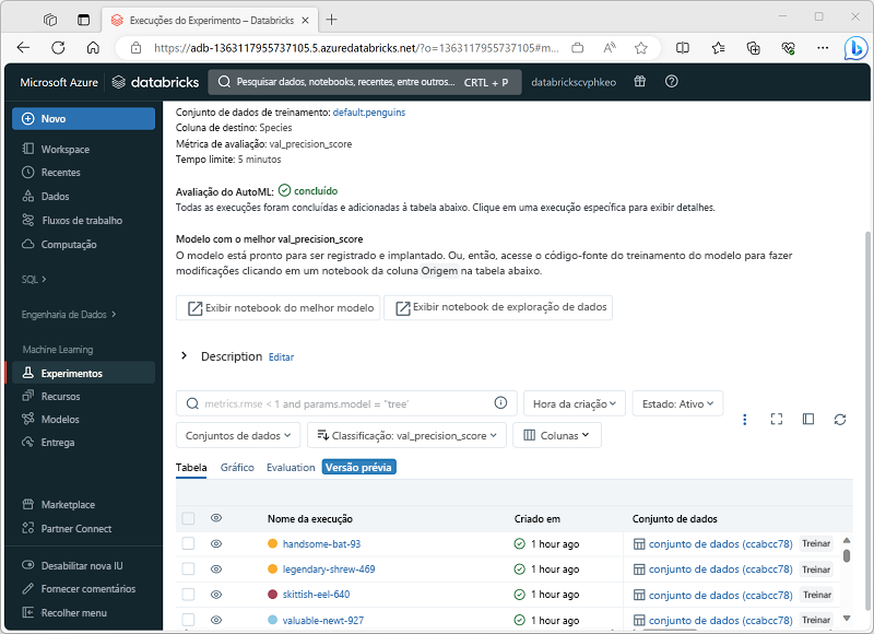 Captura de tela da interface do Experimento de ML automatizado com execuções concluídas.