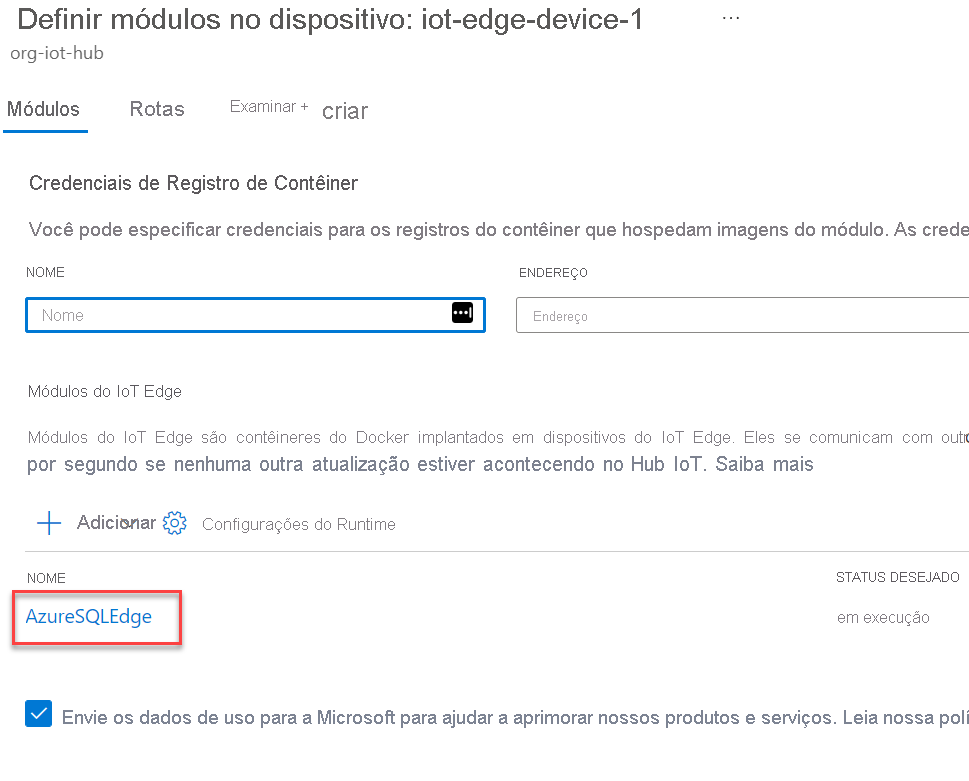 The IoT Edge Modules list displays with the AzureSQLEdge module highlighted.