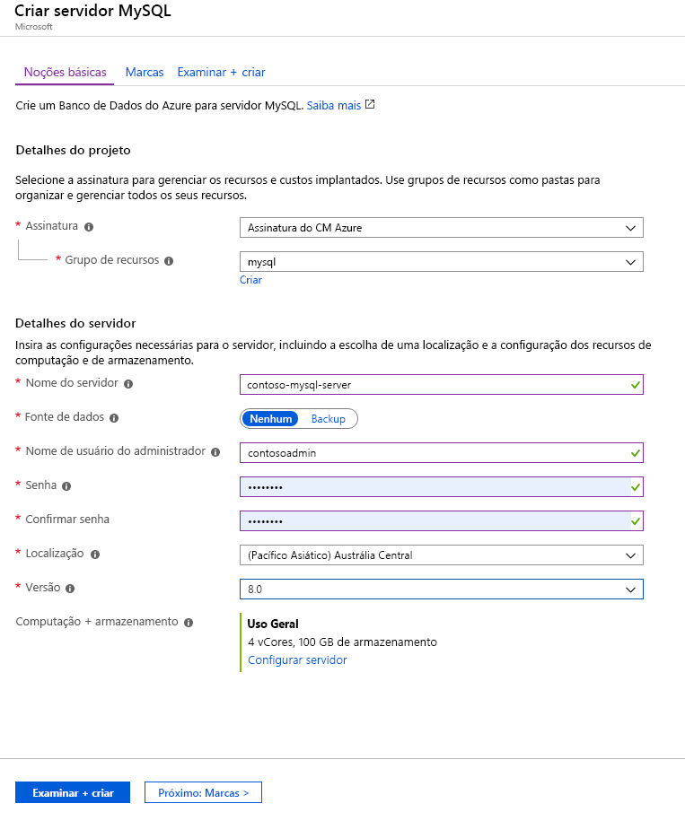 Captura de tela mostrando uma configuração de amostra para o Banco de Dados do Azure para MySQL no portal do Azure.