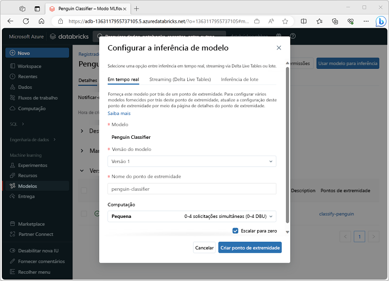 Screenshot of the Set up model inference dialog box in the Azure Databricks portal.