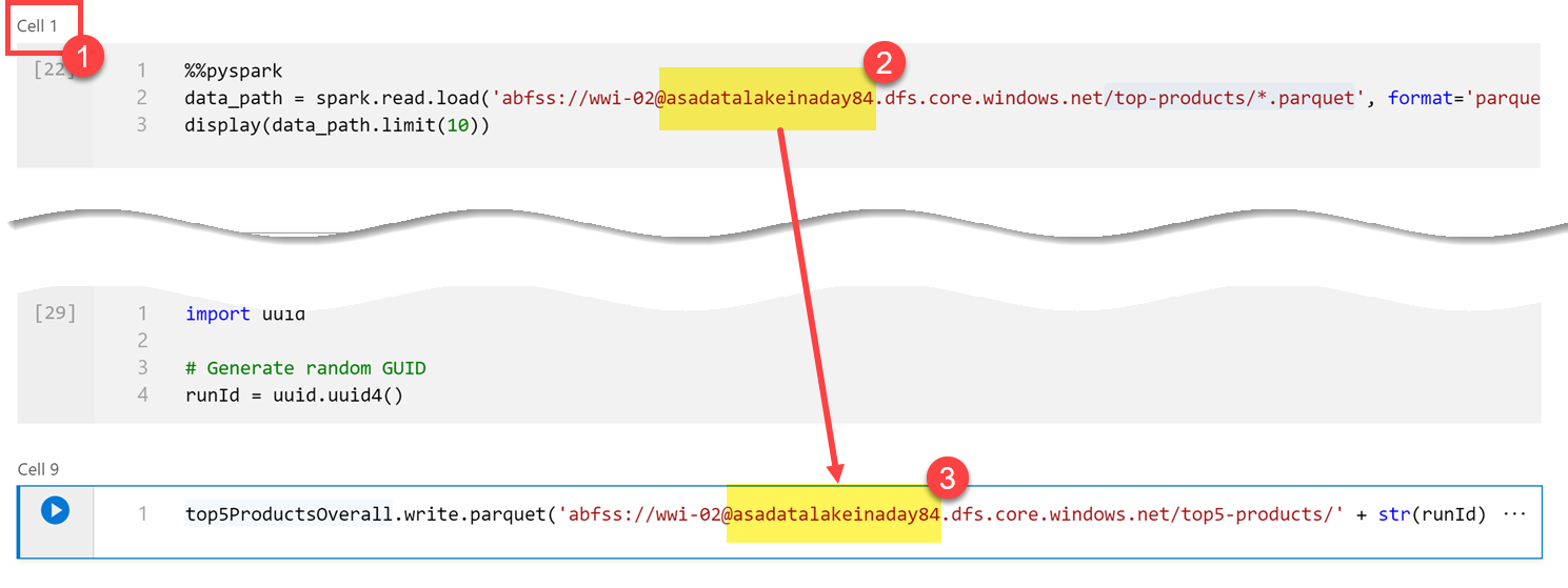 O caminho é atualizado com o nome da conta principal do data lake.