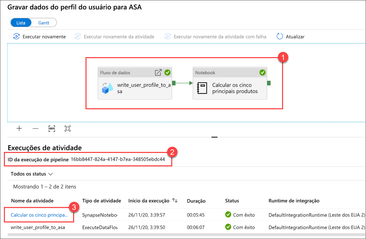 Os detalhes da execução de pipeline são exibidos.