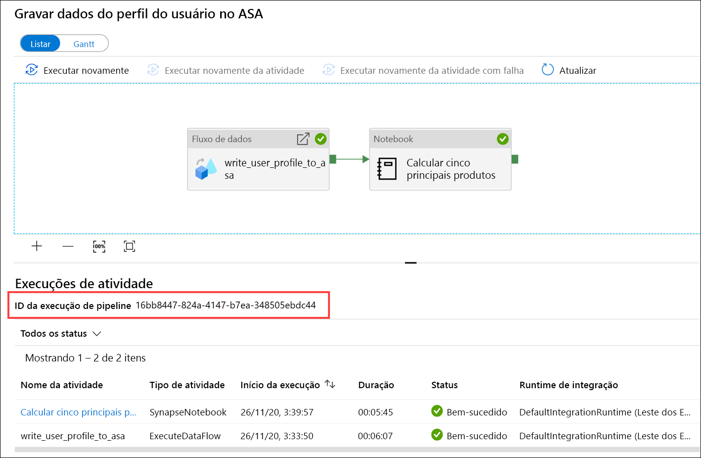 A ID da execução de pipeline é realçada.