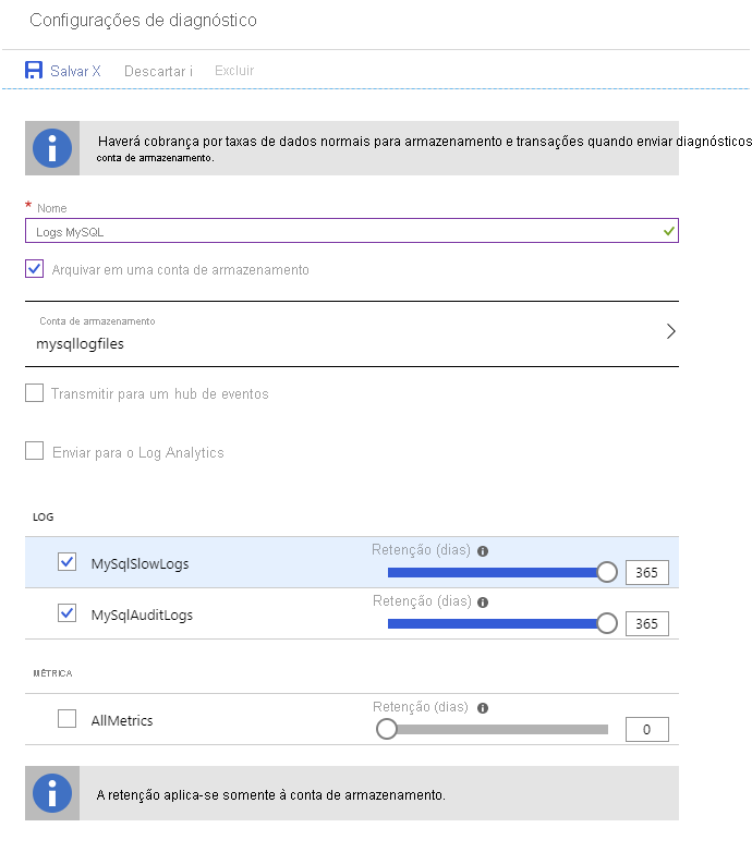 Image of the Diagnostic settings page for Azure Database for MySQL.