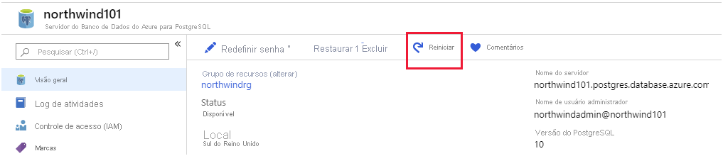 Image of the Overview page for Azure Database for PostgreSQL. The Restart button is highlighted