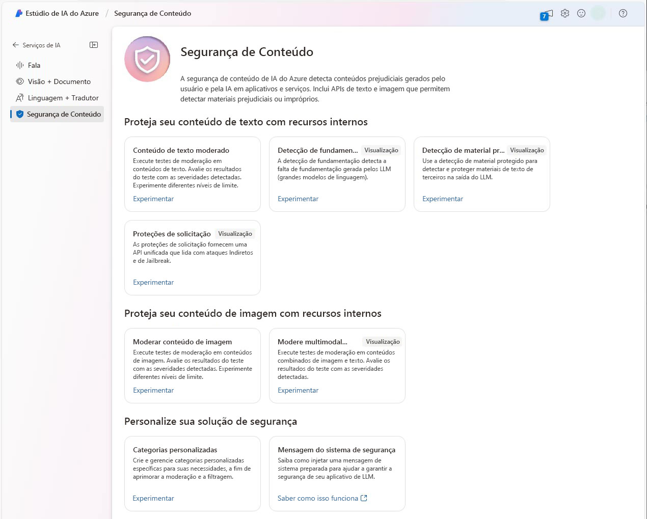 Captura de tela do Estúdio de Segurança de Conteúdo no Estúdio de IA do Azure.