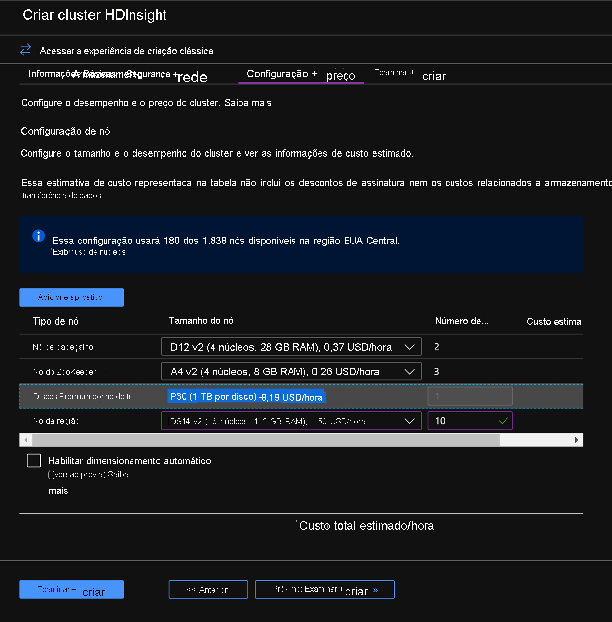 Configuração de nós na tela Criar cluster do HDInsight.