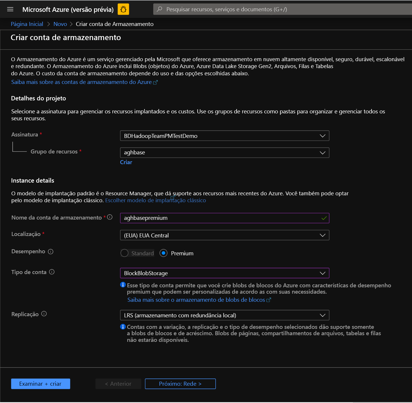 Create storage account screen in the Azure Portal.