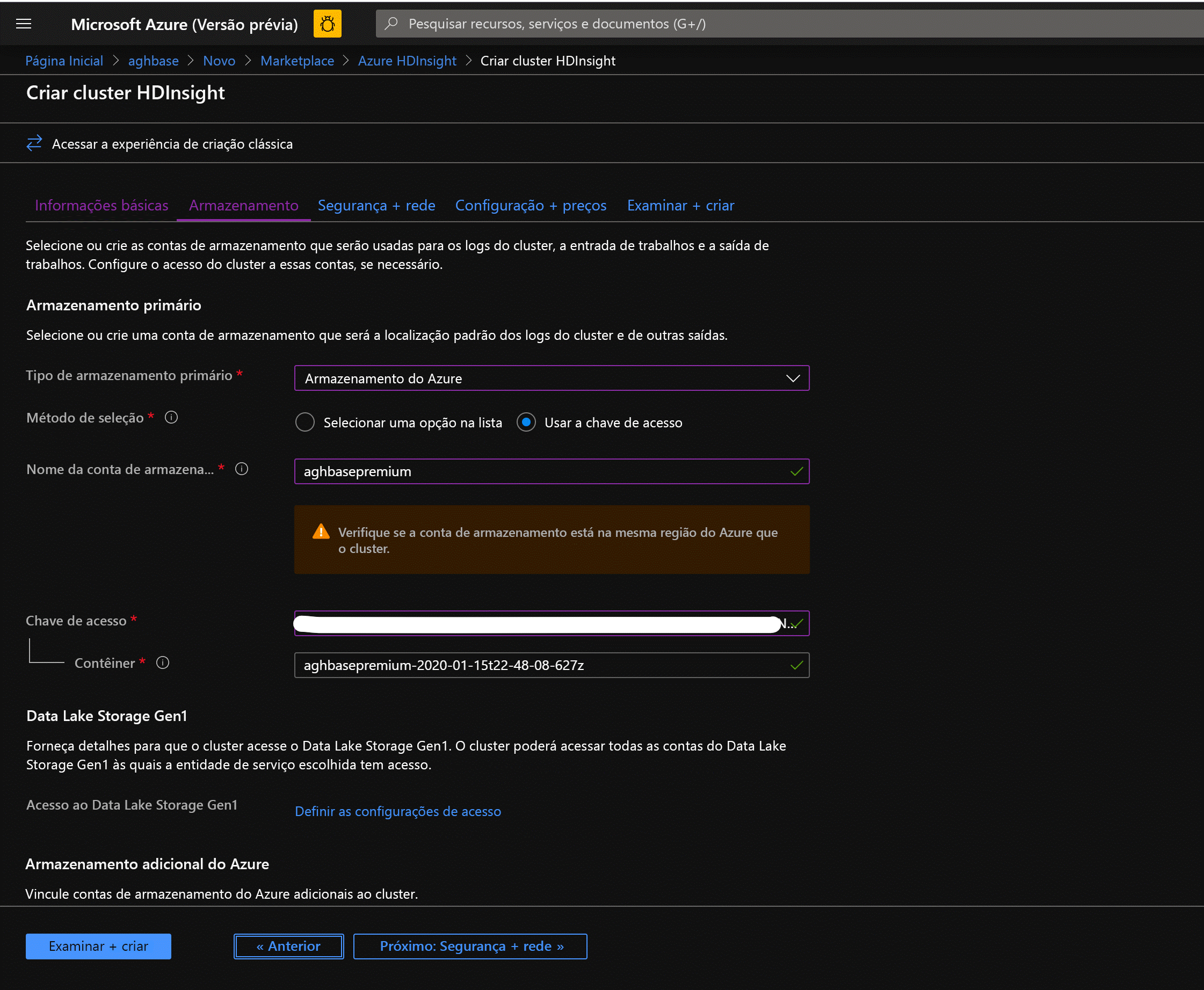 Definição de uma conta de armazenamento na tela Criar cluster do HDInsight.