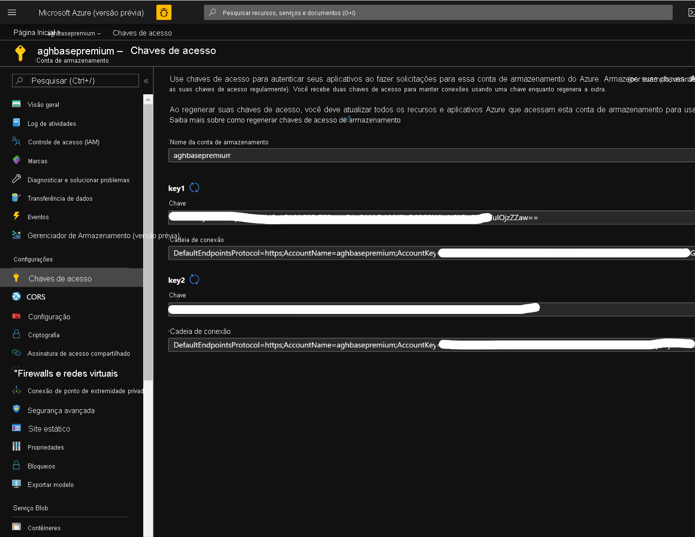 Tela das chaves de acesso da conta de armazenamento no portal do Azure.