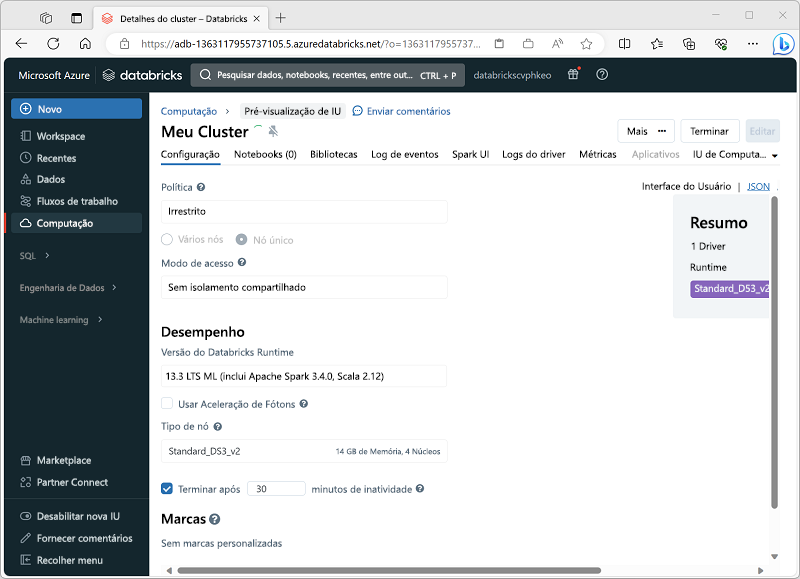 Screenshot of the Create Cluster interface in the Azure Databricks portal.