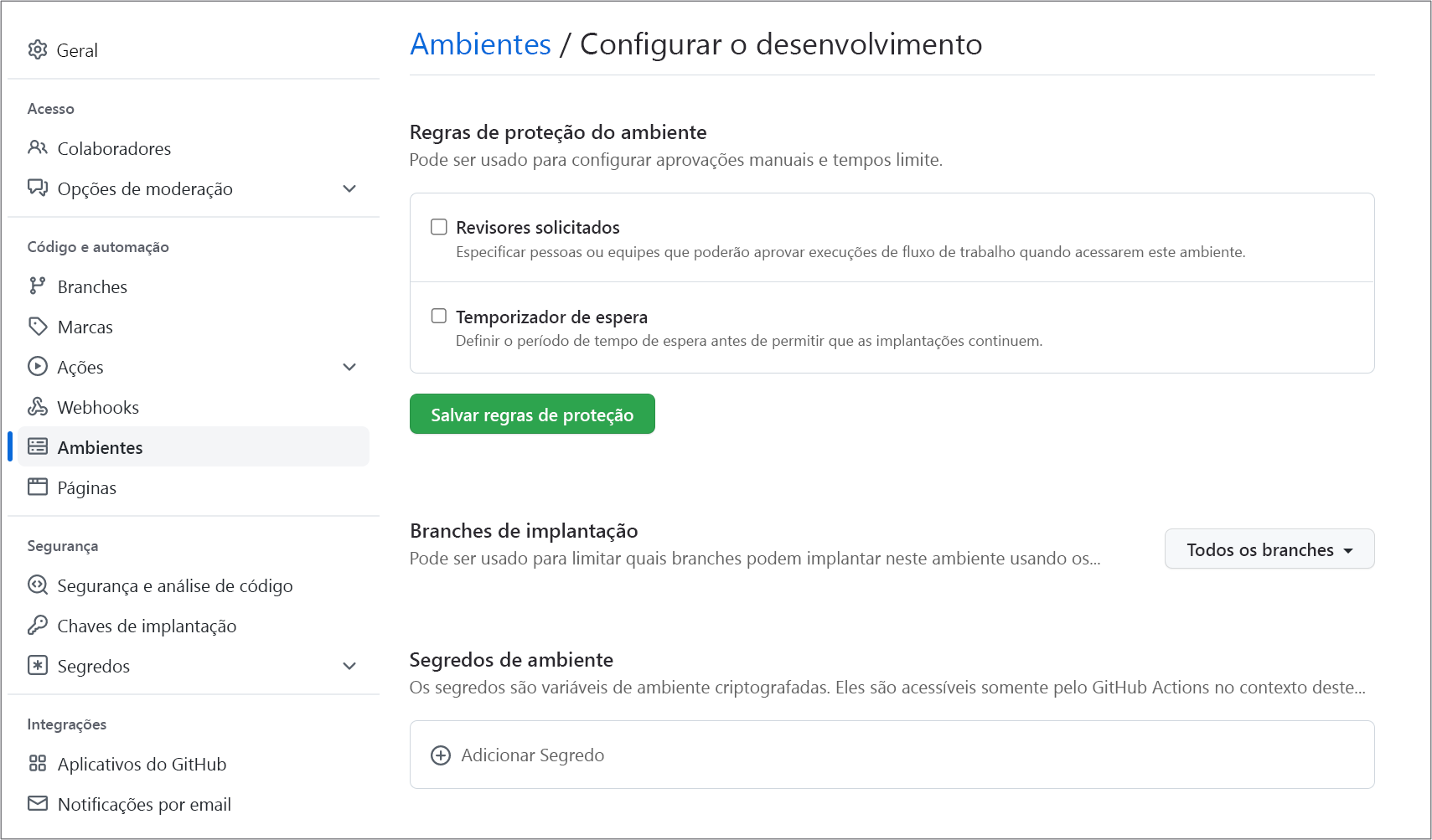 Captura de tela da configuração de um ambiente do GitHub.