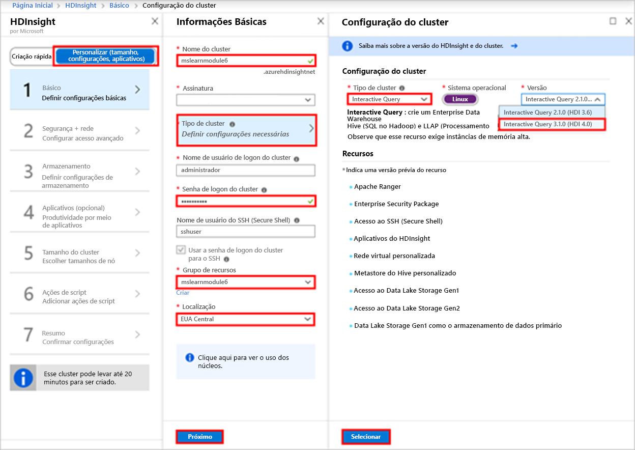 Captura de tela mostrando as páginas de configuração “HDInsight”, “Básico” e “Cluster” com diversos campos realçados.