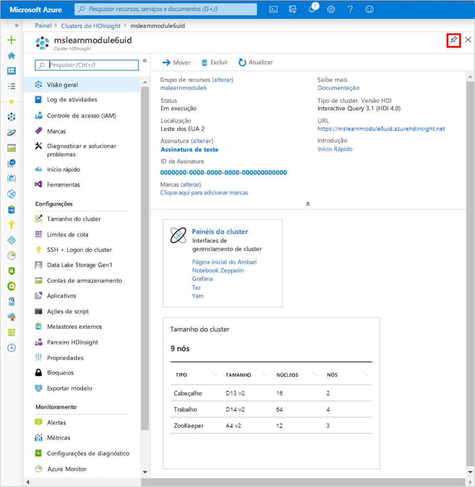 A tela de visão geral do HDInsight no portal do Azure.