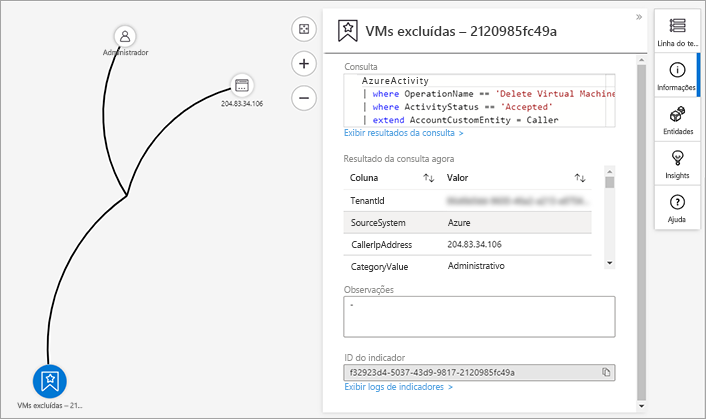 Captura de tela da página do grafo de investigação referente a um incidente de máquina virtual excluída.