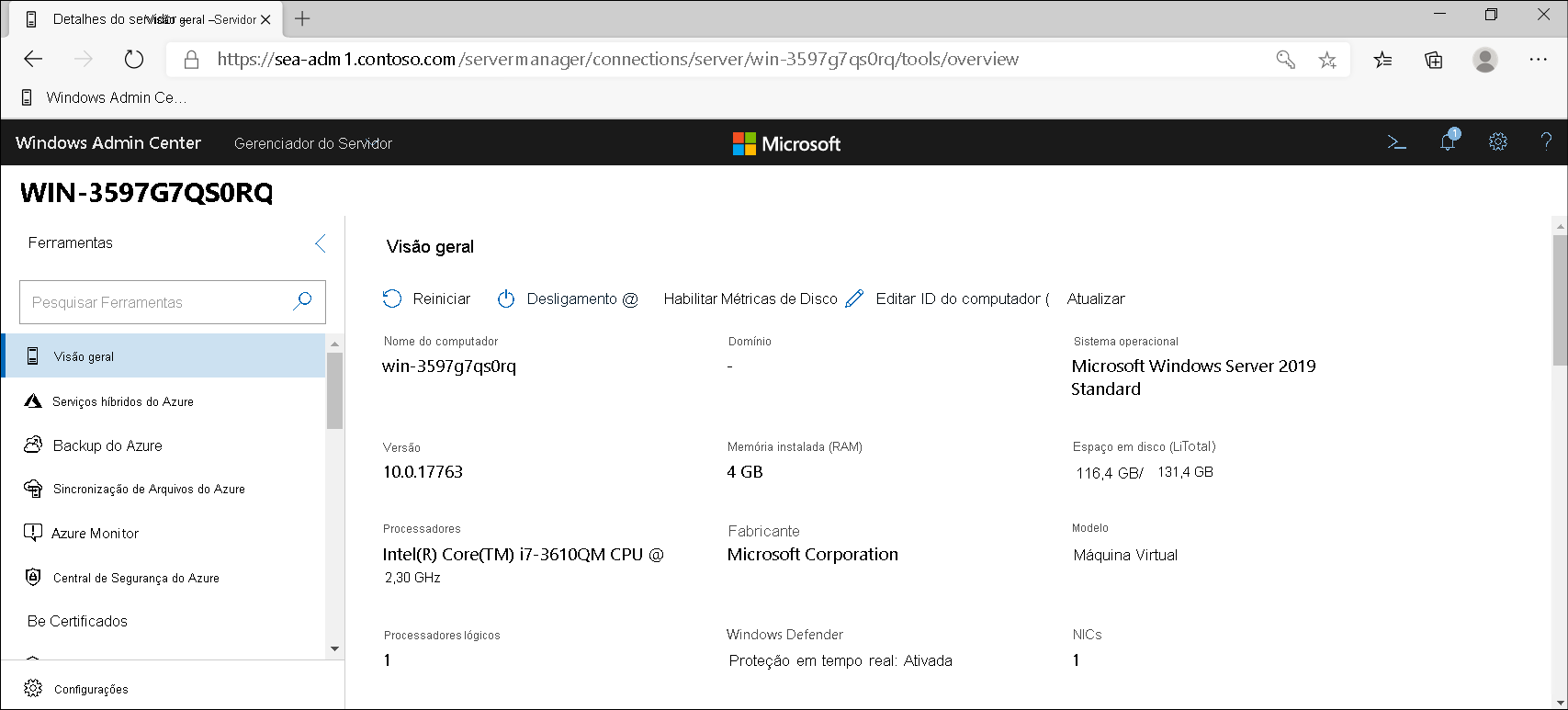 A screenshot of Windows Admin Center. The administrator has added and selected a newly deployed server. The Overview page is displayed.