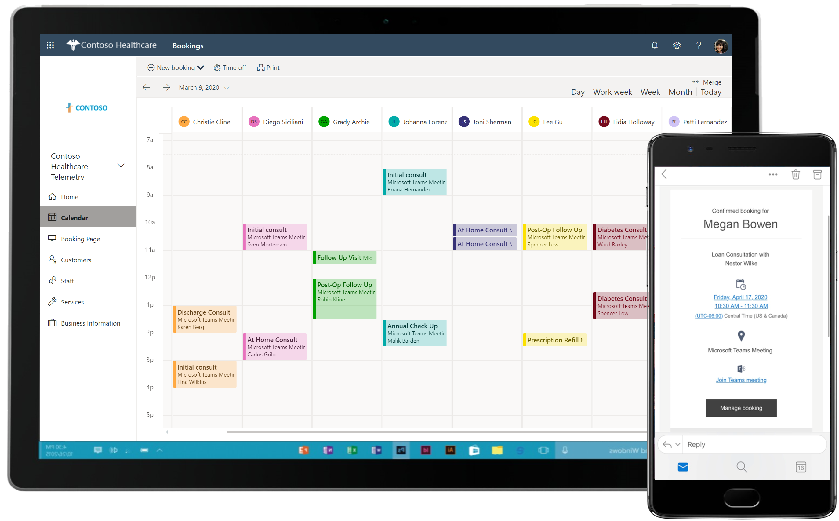 Captura de tela mostrando o calendário na ferramenta de gerenciamento de trabalho do Bookings e a capacidade de acessá-lo em vários dispositivos.