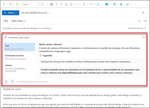 Captura de tela mostrando as sugestões do Copilot relativas ao tom, à clareza e ao sentimento do leitor no novo Outlook.