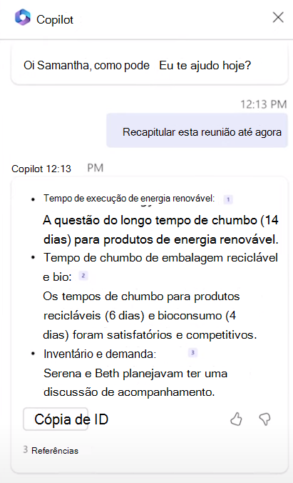 Captura de tela mostrando as funcionalidades do Copilot durante a reunião.