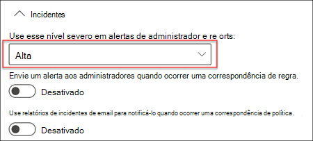 Screenshot of the incident report setting for a D L P policy that shows the severity level used in alerts and reports for the policy.