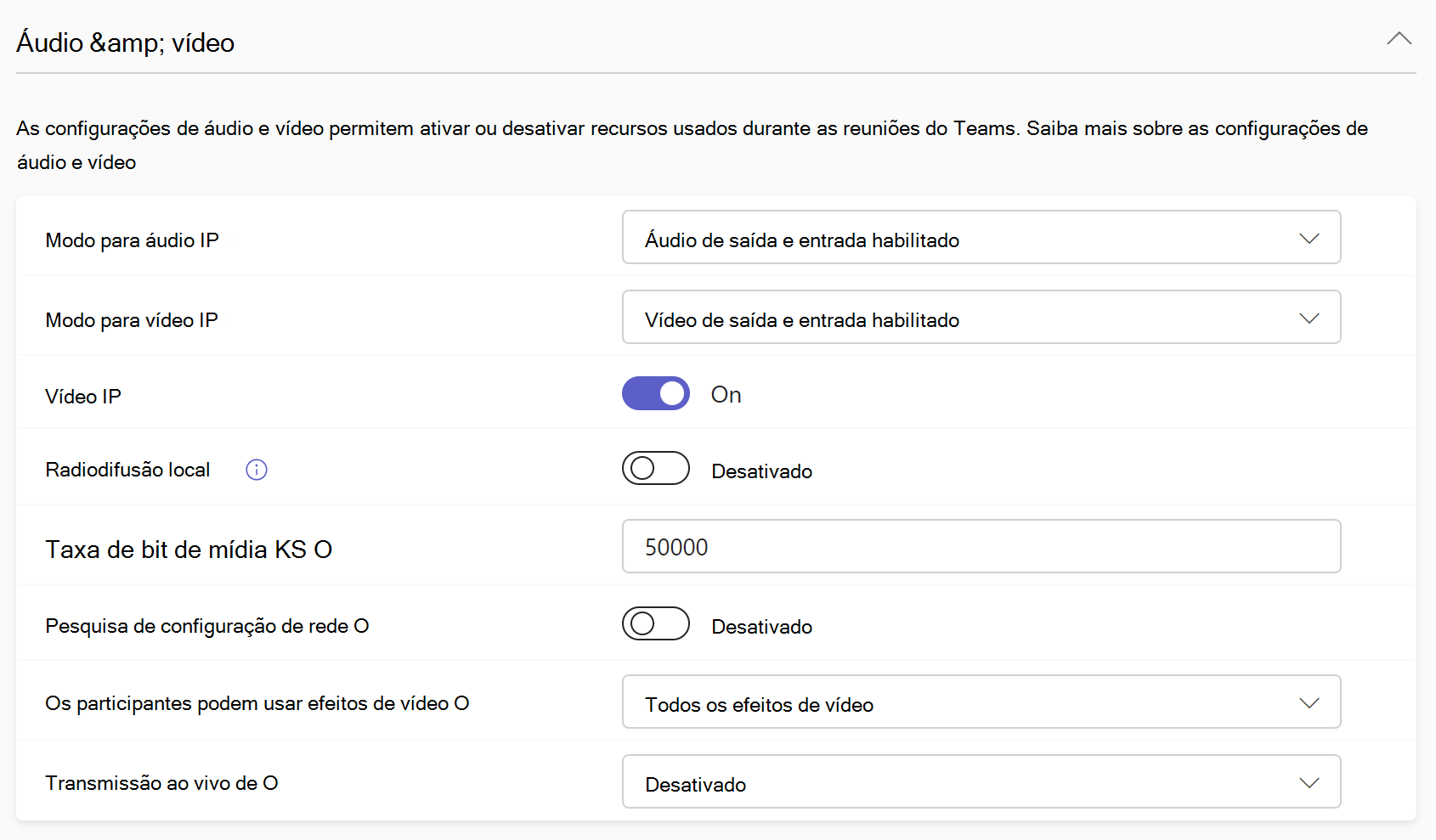 Captura de tela das configurações de áudio e vídeo na política de reunião.