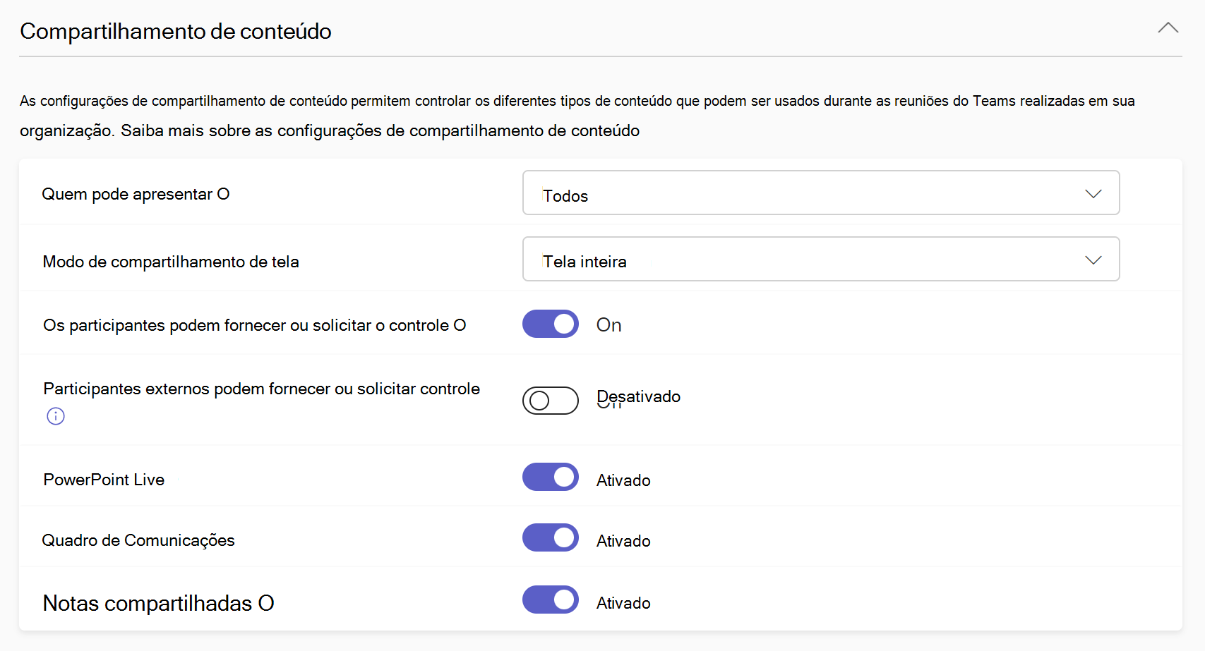 Captura de tela das configurações de compartilhamento de conteúdo na política de reunião.