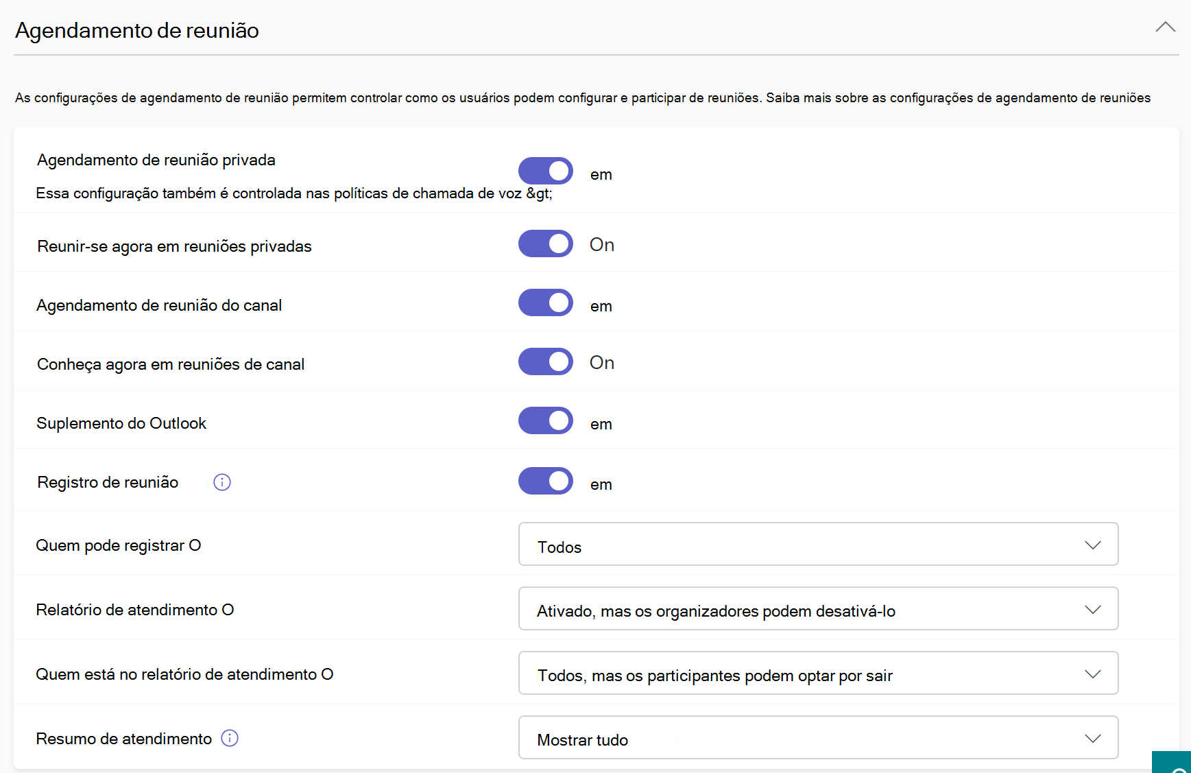 Captura de ecrã a mostrar as definições de agendamento da reunião na política de reunião.