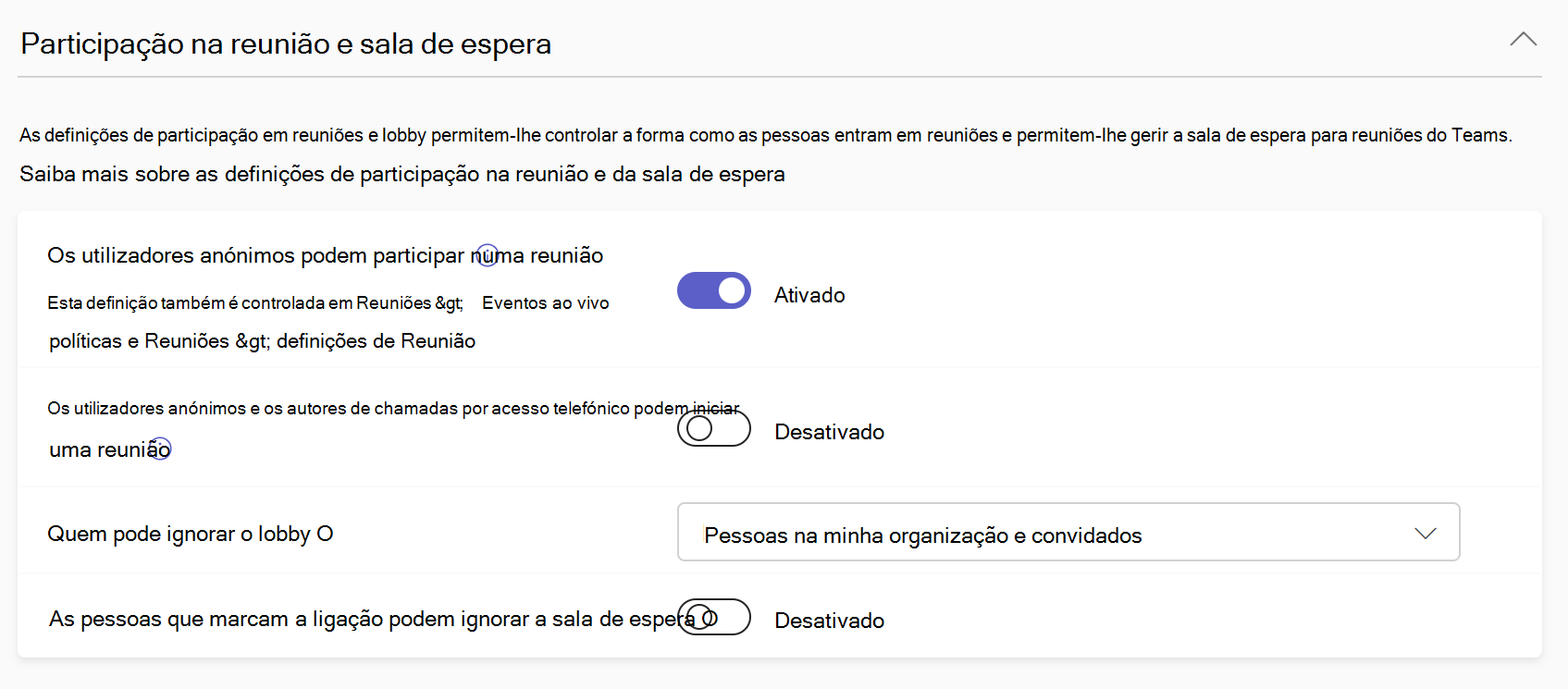 Captura de ecrã a mostrar as definições de participação e lobby da reunião na política de reunião.
