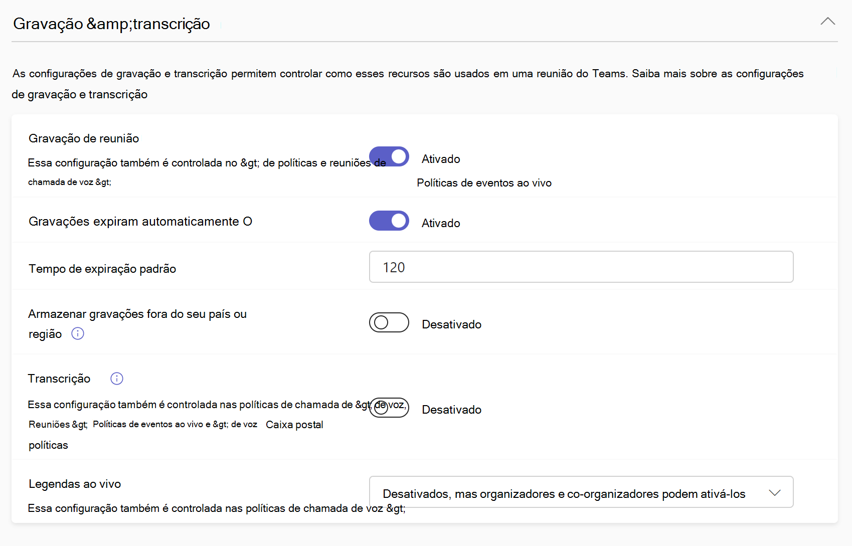 Captura de tela das configurações de gravação e transcrição na política de reunião.