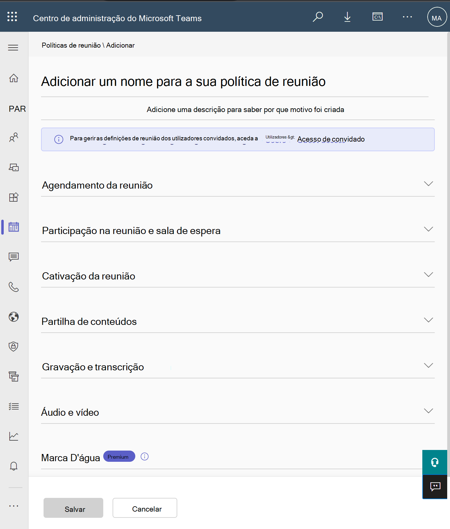 Captura de tela de Nova política de reunião.