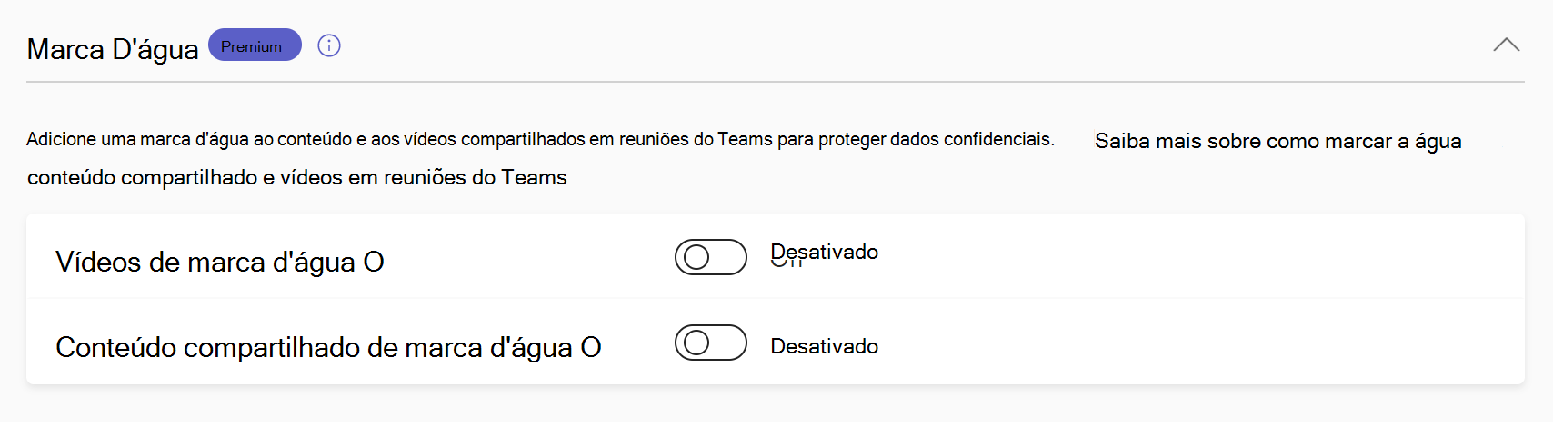 Captura de ecrã a mostrar as políticas de marca d'água das reuniões do Teams.