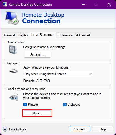 Captura de tela da caixa de diálogo Conexão da Área de Trabalho Remota, com a guia Recursos Locais selecionada e o botão Mais realçado.